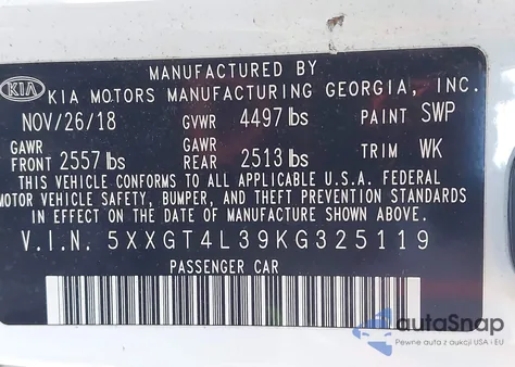 2019 Kia Optima Lx из США, поврежденный, VIN 5XXGT4L39KG325119